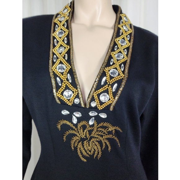 Vtg 80s black beaded wool wiggle cocktail dress evening gown M - Picture 2 of 10